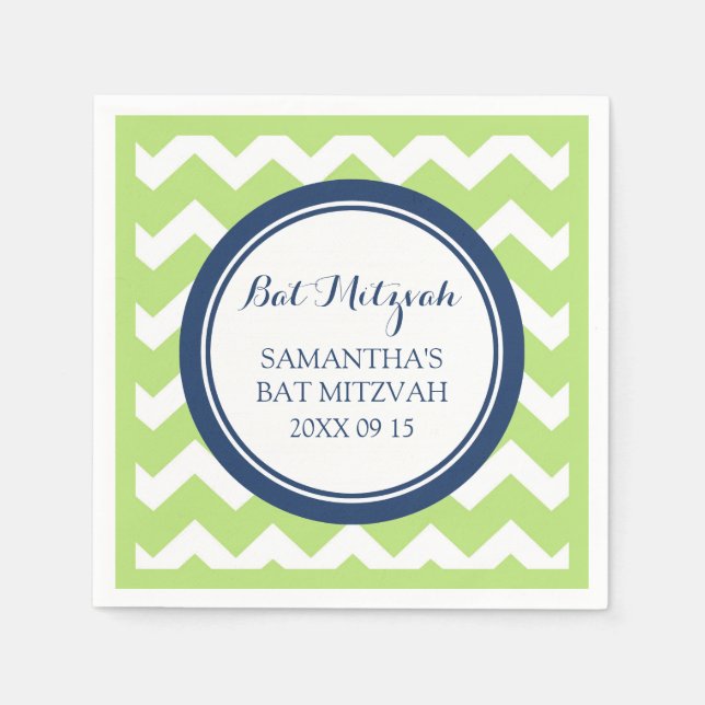 Servilleta De Papel Personalizado Bat Mitzvah Napkin Lime Blue Chevron (Anverso)