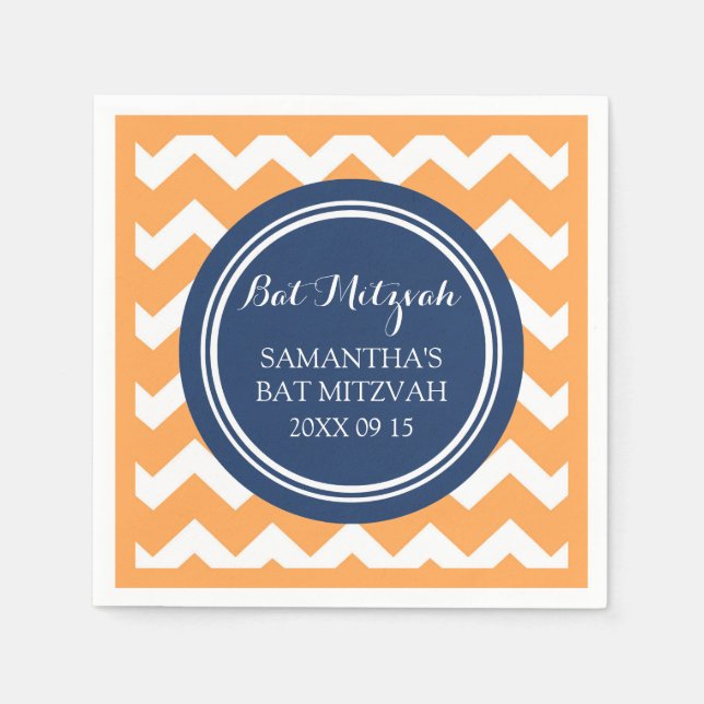 Servilleta De Papel Personalizado Bat Mitzvah Napkin Naranja Blue Chev (Anverso)