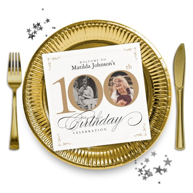 Servilleta De Papel Personalizado blanco de oro foto 100 cumpleaños (Gold White Custom Photo 100th Birthday Party Napkins)