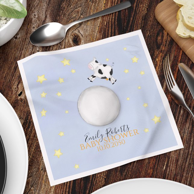 Servilleta De Papel Personalizado Blue Baby Shower Nursery Rhyme (Cute whimsical cow jumped over the moon custom party napkin.)