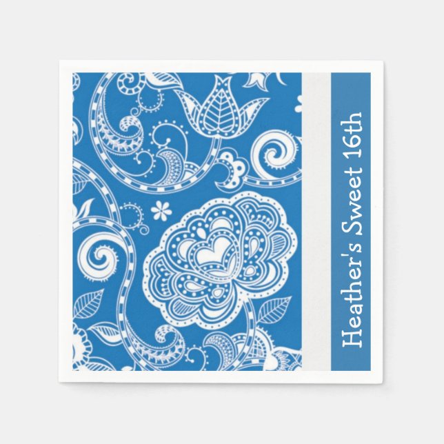 Servilleta De Papel Personalizado Blue Floral Fiesta Napkins (Anverso)