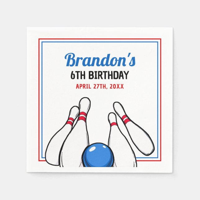 Servilleta De Papel Personalizado Blue & Red Bowling Kids 6º cumpleaño (Anverso)