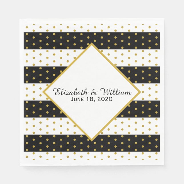 Servilleta De Papel Personalizado Boda blanco y oro negro (Anverso)