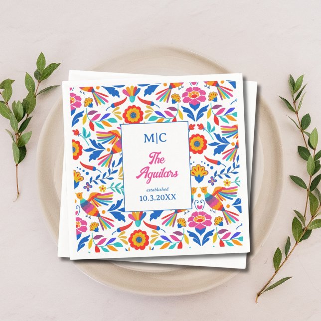 Servilleta De Papel Personalizado Boda Monograma de Arte Folclórico Fi (Custom Folk Art Floral Fiesta Monogram Wedding Napkins)