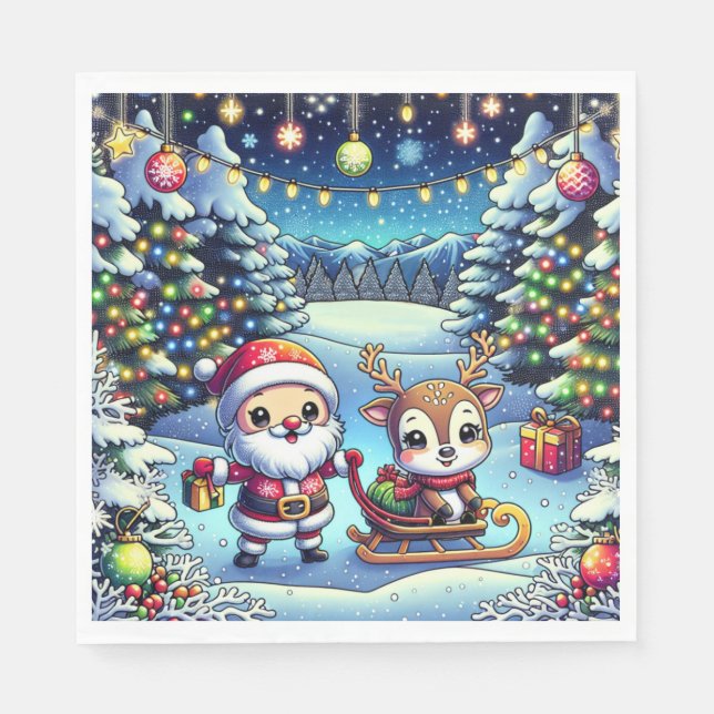 Servilleta De Papel Personalizado Cute Santa y Navidades de renos (Anverso)