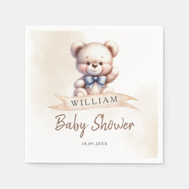 Servilleta De Papel Personalizado Cute Teddy Bear Baby Shower Watercol (Anverso)