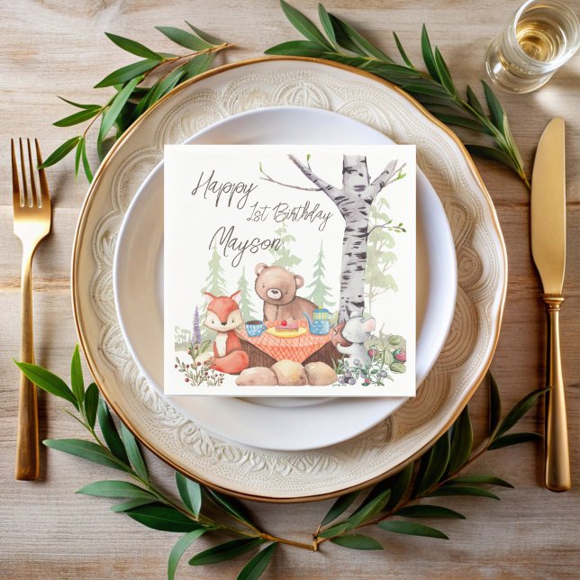 Servilleta De Papel Personalizado de animales del bosque de pinos de o (Teddy bear picnic woodlands forest animals custom napkins)