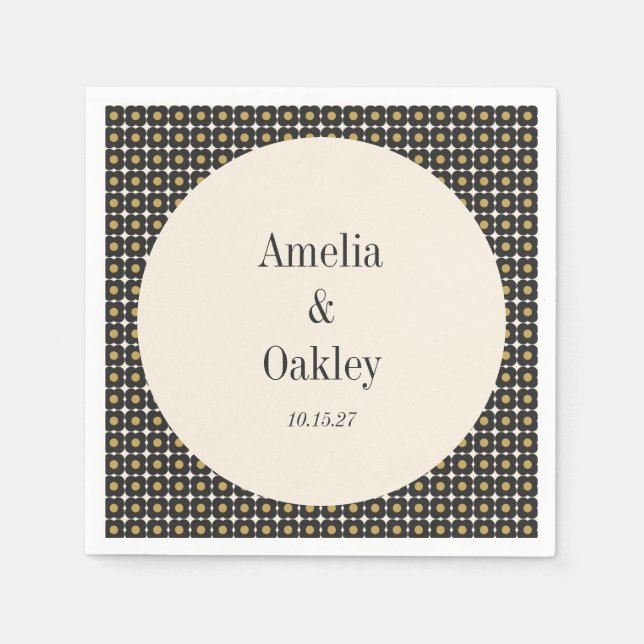 Servilleta De Papel Personalizado de Boda floral de oro negro de media (Anverso)