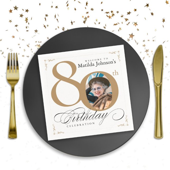 Servilleta De Papel Personalizado de caligrafía blanca de oro Foto 80  (80th Birthday Gold White Calligraphy Custom Photo Napkins)