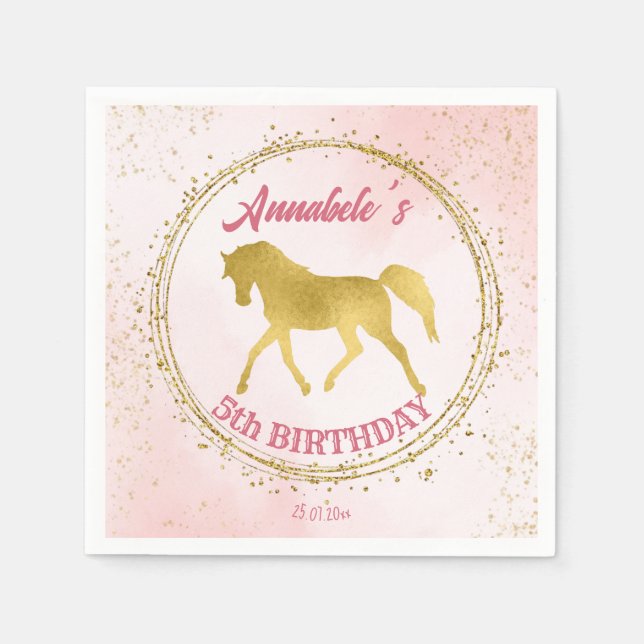 Servilleta De Papel Personalizado de cumpleaños ecuestre rosa y dorado (Anverso)