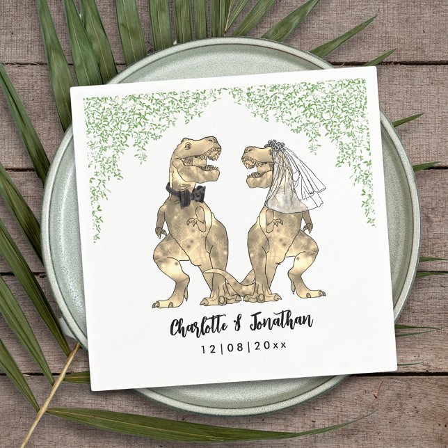 Servilleta De Papel Personalizado de Dinosaurio Temático Boda (Dinosaur themed wedding with fun T-Rex bride and groom with  Jurassic jungle foliage custom napkin)
