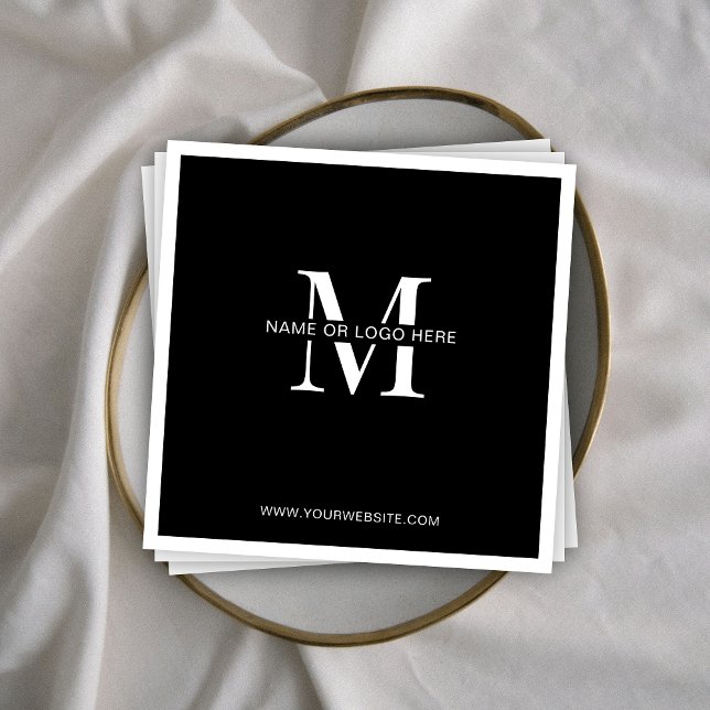 Servilleta De Papel Personalizado de eventos de negocios con logotipo  (Black and white business monogram napkins with fully editable text and colors)