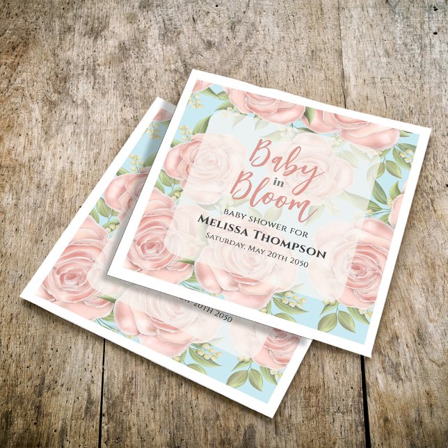 Servilleta De Papel Personalizado de floración rosa Baby Shower (Chic pink floral pattern custom napkin. )