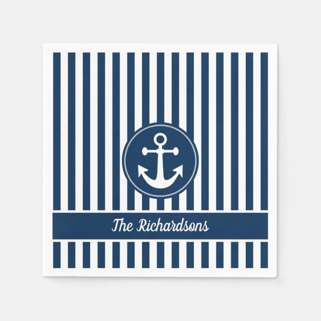 Servilleta De Papel Personalizado de franjas azules de la Marina de lo (Anverso)