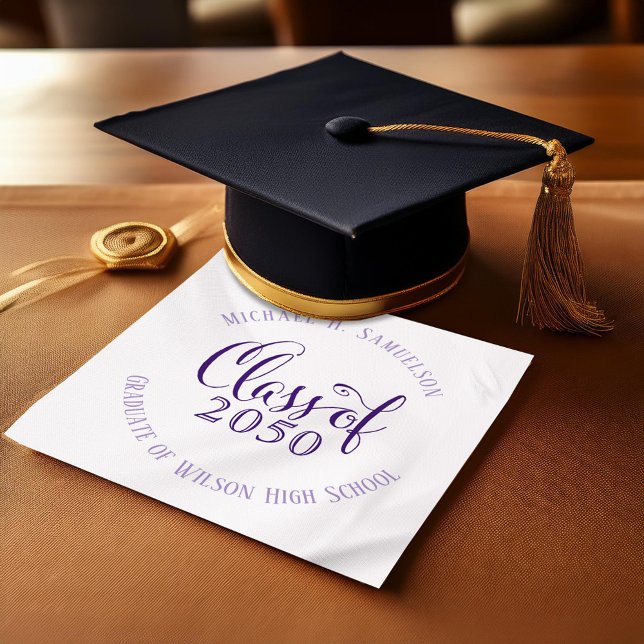Servilleta De Papel Personalizado de guión de partido de graduación pú (Purple school color graduation custom napkin)