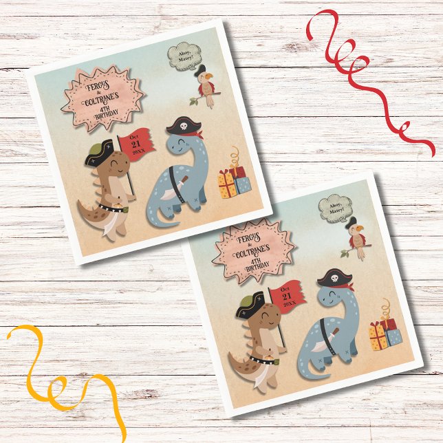Servilleta De Papel Personalizado de la fiesta de cumpleaños de los ni (Your twin boys will love this Dino Pirate birthday party theme with TRex & Brontosaurus as Pirates!)