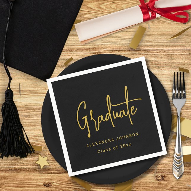 Servilleta De Papel Personalizado de la fiesta moderna de graduación d (Trendy modern gold script graduation party custom black and white paper napkins With graduate name)