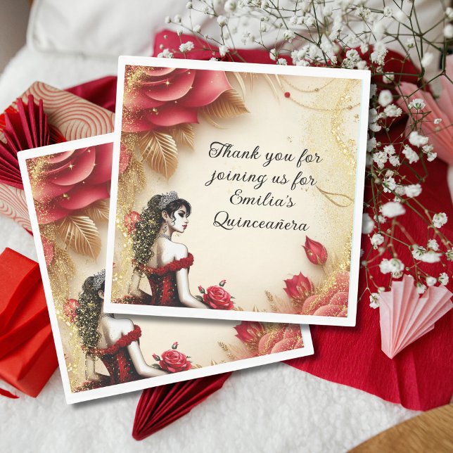 Servilleta De Papel Personalizado de la Quinceañera de Oro Negro Rojo  (Subido por el creador)