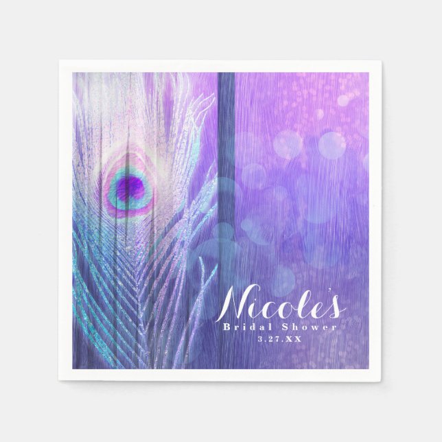 Servilleta De Papel Personalizado de Moda Peacock Feather Purple Glam  (Anverso)