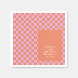 Servilleta De Papel Personalizado de Naranja rosa Retro Checkerboard C