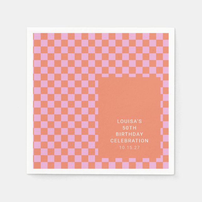 Servilleta De Papel Personalizado de Naranja rosa Retro Checkerboard C (Anverso)