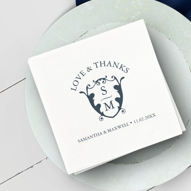 Servilleta De Papel Personalizado de plantilla de servilletas boda Mon (Monogram wedding napkins blue initials and crest art by Victoria Grigaliunas of Do Tell A Belle)