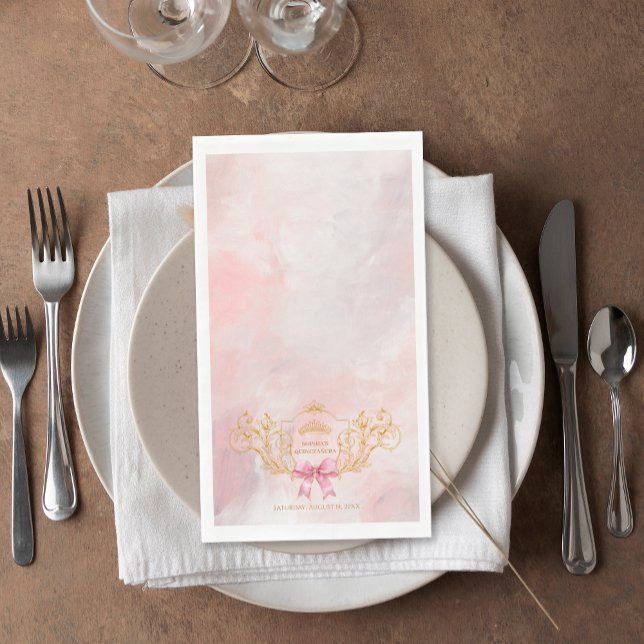 Servilleta De Papel Personalizado de Quinceanera (Classy Crown Pink Bow Quinceanera Custom Paper Guest Towels)