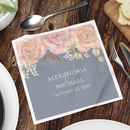 Servilleta De Papel Personalizado del Boda azul floral rosa Rubor