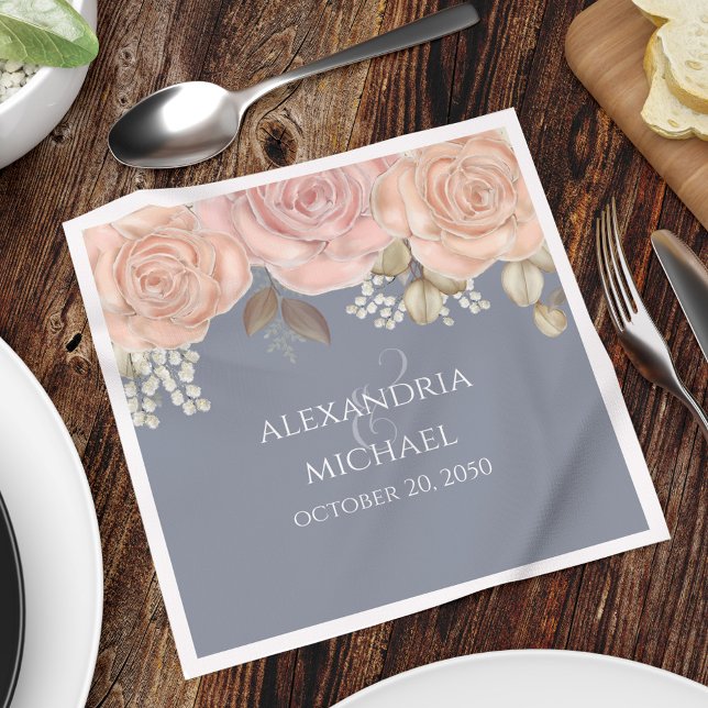 Servilleta De Papel Personalizado del Boda azul floral rosa Rubor (Elegant dusty blue and rose gold floral design customized wedding napkin. )