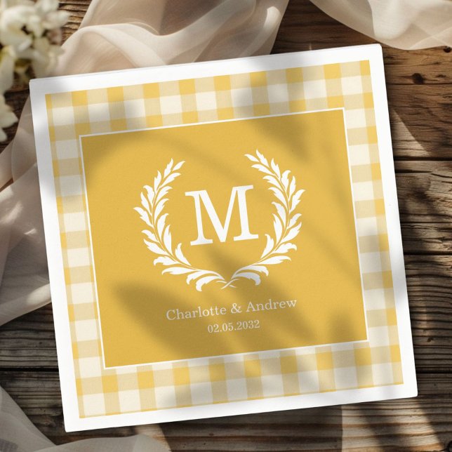 Servilleta De Papel Personalizado del Escudo de Yellow Gingham Monogra (Yellow Gingham Monogram Crest Custom Napkins with your Monogram, names and Date.)