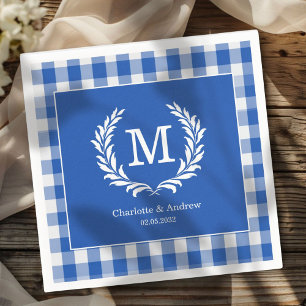 Servilleta De Papel Personalizado del Monograma de Gingham Azul