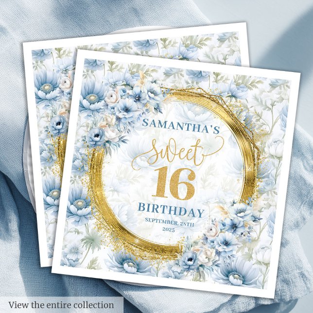 Servilleta De Papel Personalizado Dusty Blue Sweet 16 Purpurina de oro (Custom Dusty Blue Sweet 16 Gold Glitter Birthday Napkins)