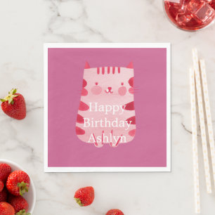 Servilleta De Papel Personalizado el cumpleaños del gato blanco rosado