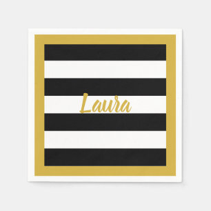 Servilleta De Papel Personalizado Faux Gold Script en franjas blancas
