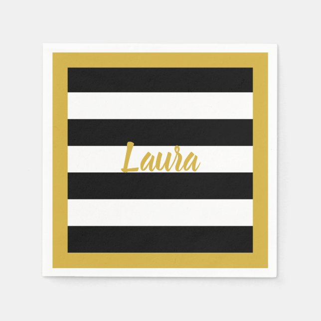 Servilleta De Papel Personalizado Faux Gold Script en franjas blancas  (Anverso)