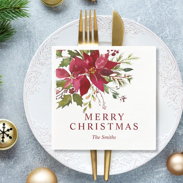 Servilleta De Papel Personalizado Feliz Navidad acuarela Red Poinsetti (Custom Merry Christmas Watercolor Red Poinsettias Napkins)