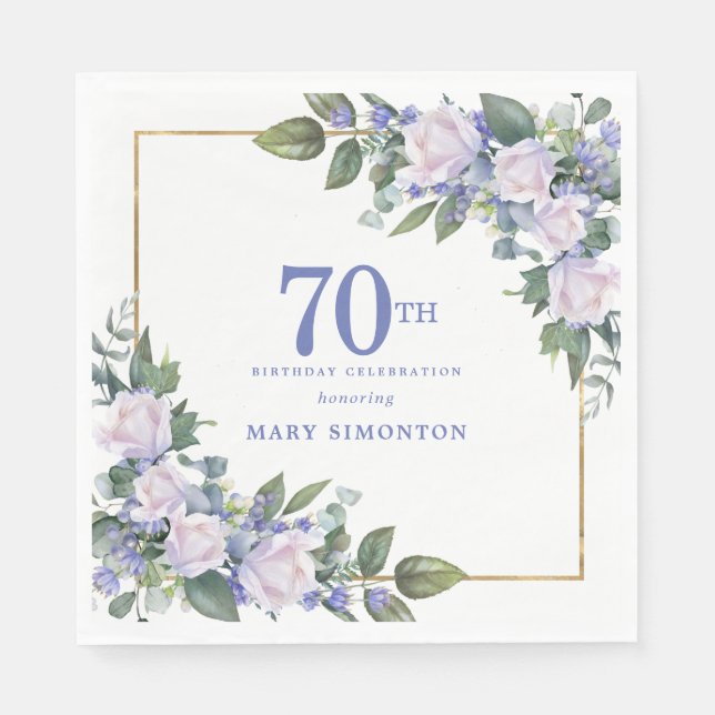 Servilleta De Papel Personalizado Floral Azul Rosa Blanca 70 cumpleaño (Anverso)