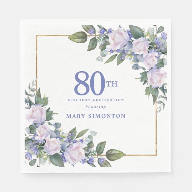 Servilleta De Papel Personalizado Floral Azul Rosa Blanca 80 cumpleaño (Anverso)