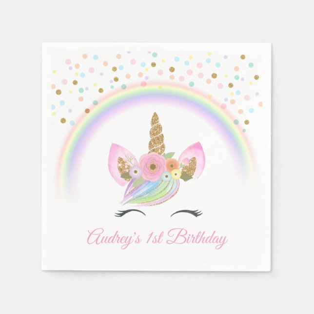Servilleta De Papel Personalizado Floral Rainbow Unicorn Primer Fiesta (Anverso)