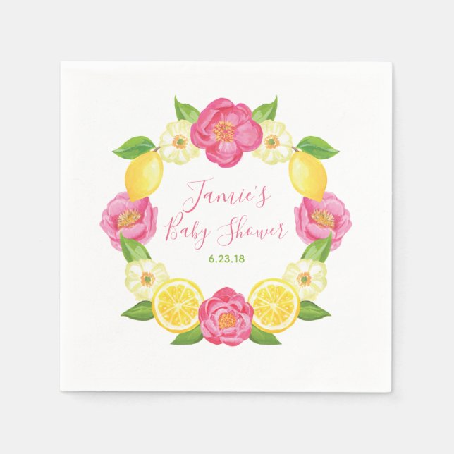 Servilleta De Papel Personalizado Lemon Citrus Rosa Floral Fiesta Baby (Anverso)