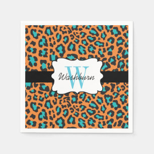 Servilleta De Papel Personalizado Leopard Naranja Black Aqua Cocktail