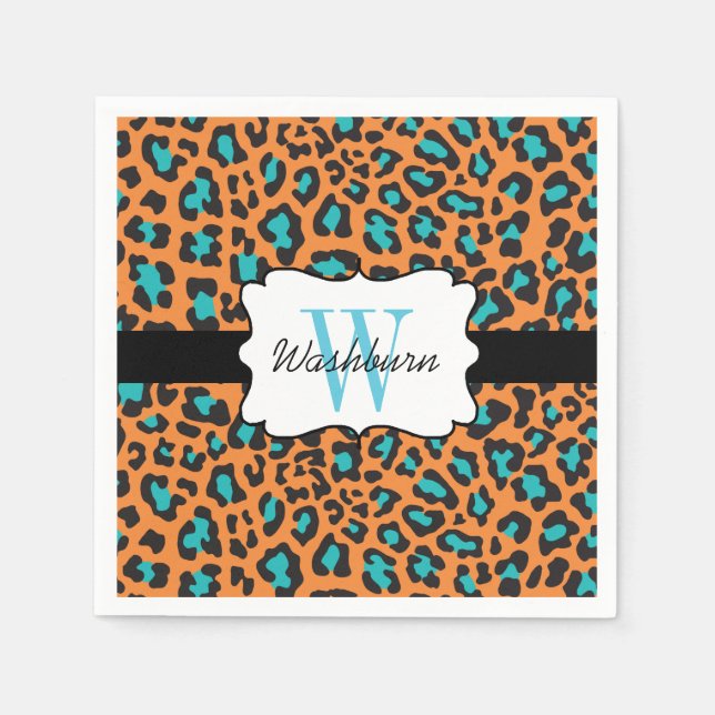 Servilleta De Papel Personalizado Leopard Naranja Black Aqua Cocktail  (Anverso)