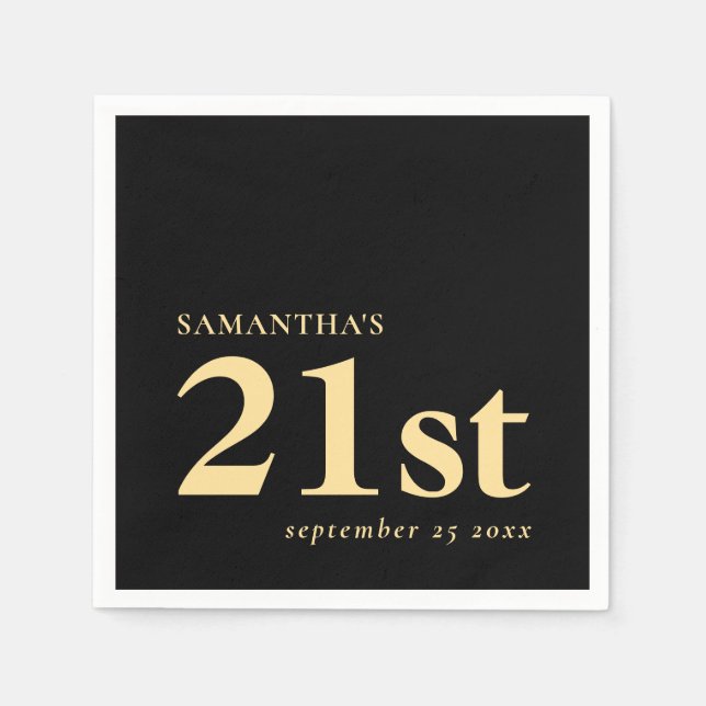 Servilleta De Papel Personalizado moderno Oro negro 21er nombre Fecha (Anverso)