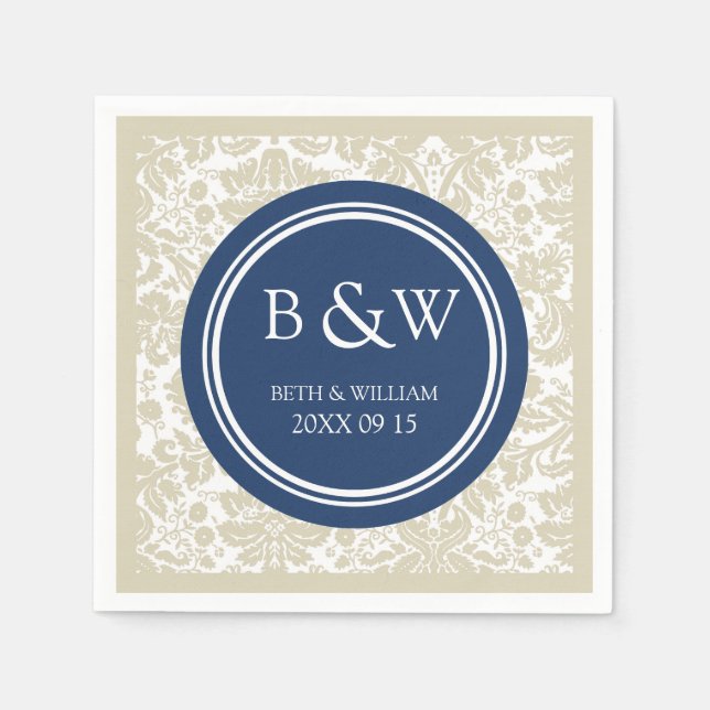 Servilleta De Papel Personalizado Monograma Boda Napkin Beige Blue Dam (Anverso)
