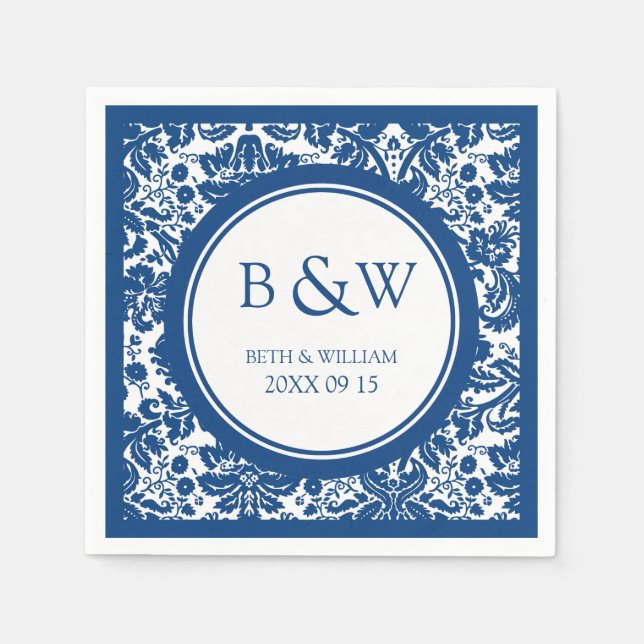 Servilleta De Papel Personalizado Monograma Boda Napkin Blue Damask (Anverso)