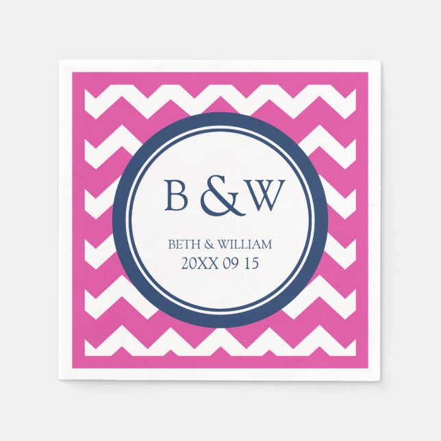 Servilleta De Papel Personalizado Monograma Boda Napkin Chevron Azul R (Anverso)