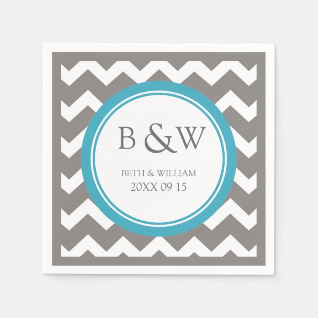 Servilleta De Papel Personalizado Monograma Boda Napkin Chevron Gris V (Anverso)