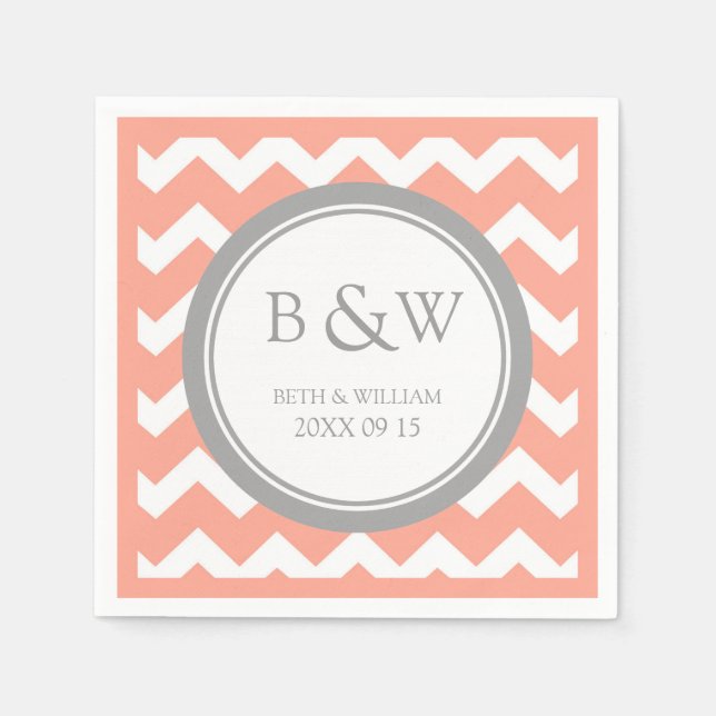 Servilleta De Papel Personalizado Monograma Boda Napkin Coral Gray Che (Anverso)