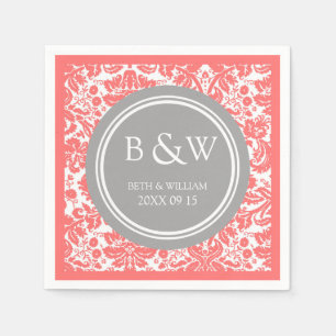 Servilleta De Papel Personalizado Monograma Boda Napkin Coral Gray Dam