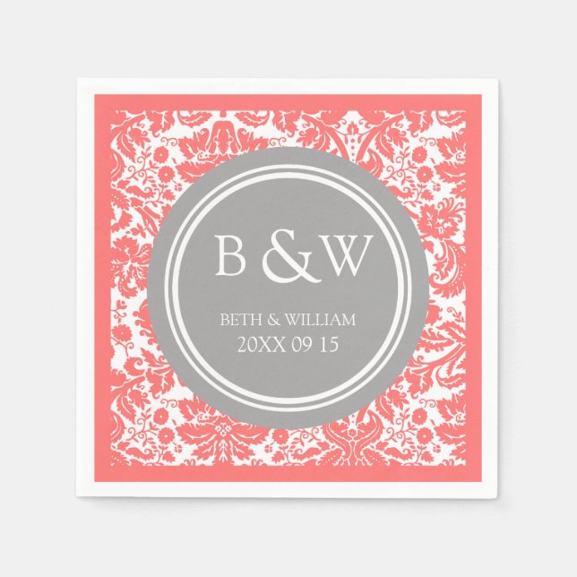 Servilleta De Papel Personalizado Monograma Boda Napkin Coral Gray Dam (Anverso)